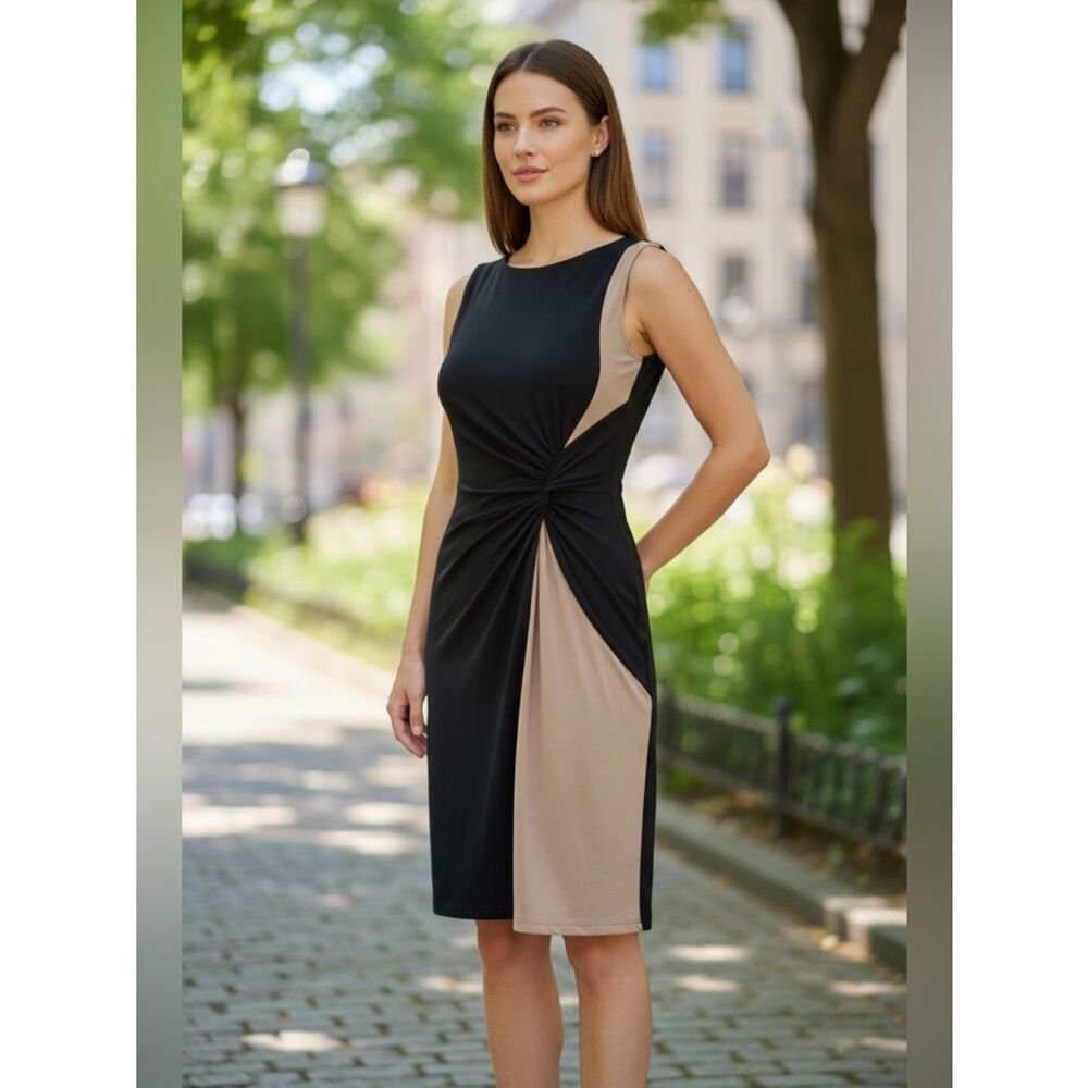 Muse Colorblock Ruched Round Neck Sleeveless Bodycon Dress Black Size 4